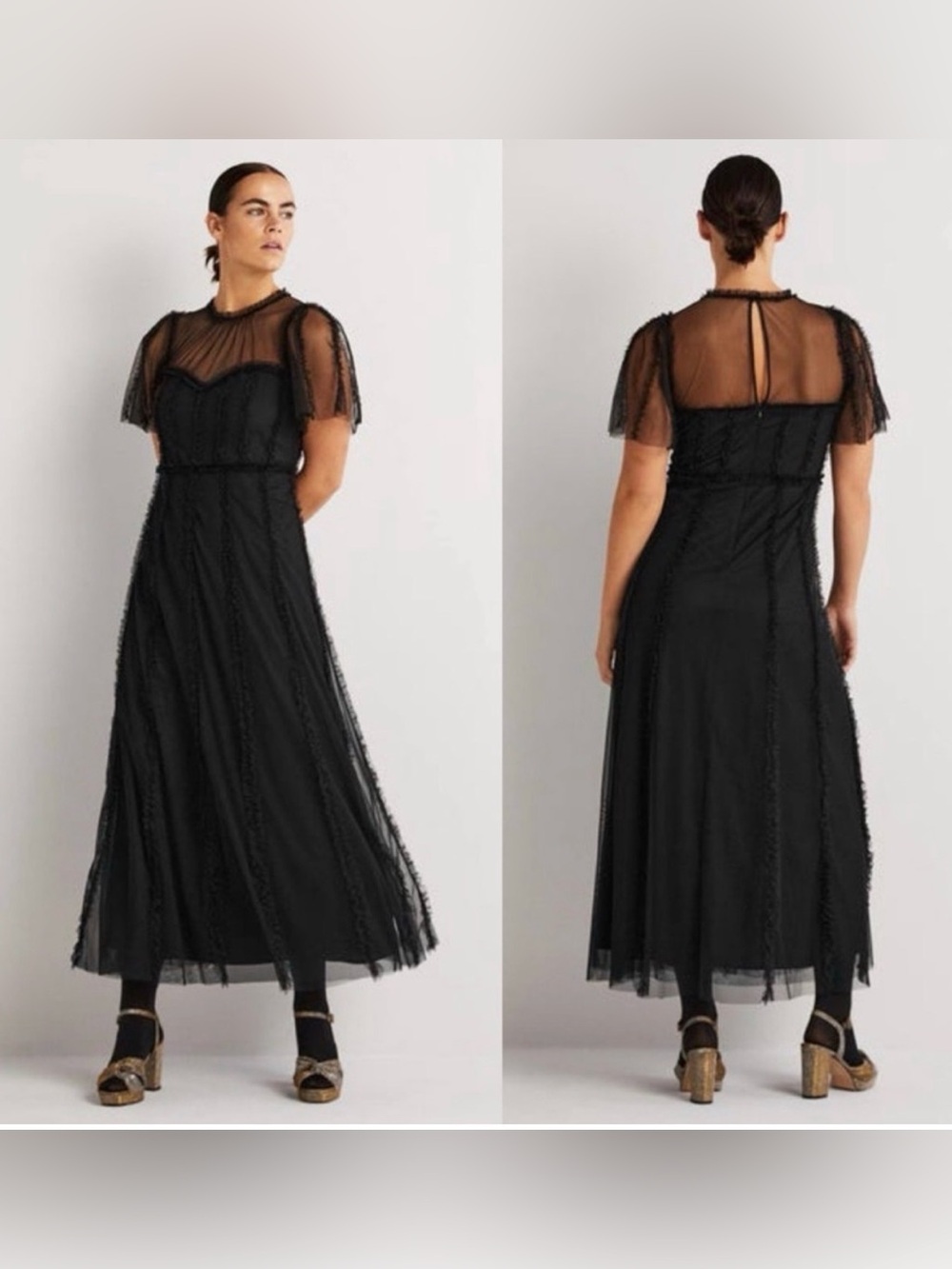 NWT Boden Black Mesh Frill Tulle Ruffle Tiered Maxi Dress Sz US 14R / UK 18R